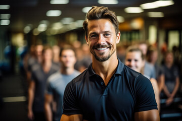 Obraz premium Personal trainer instructing at fitness club background with empty space for text 
