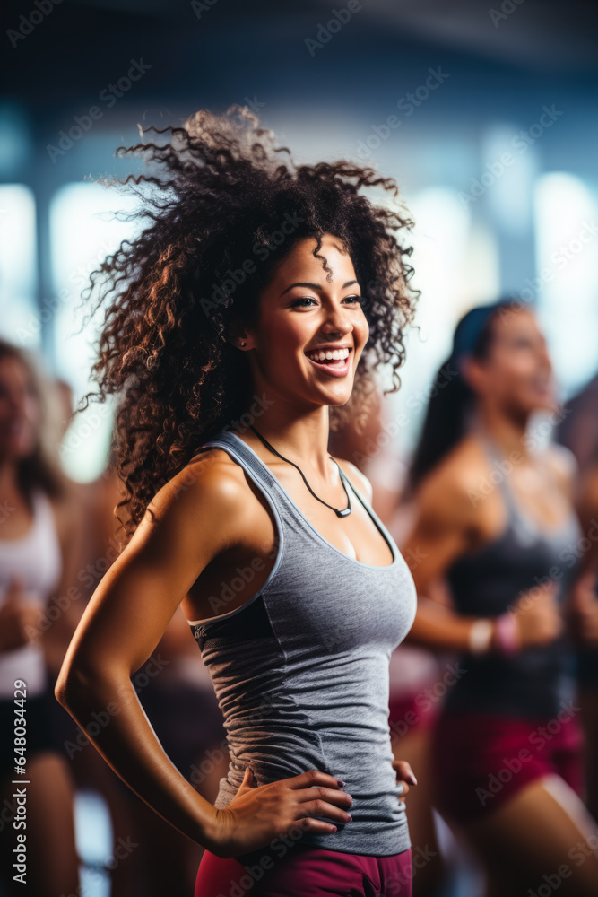 Poster zumba dance class in action at fitness club background with empty space for text