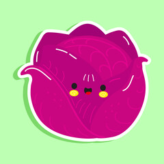 Cute funny red cabbage sticker character. Vector hand drawn cartoon kawaii character illustration icon. Isolated on green background. Red cabbage character concept