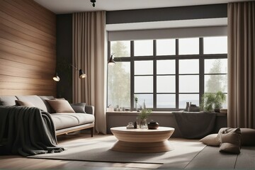 Sofa with pillows and blanket against window in a room with wooden paneling wall. Scandinavian style home