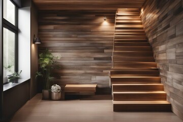Wooden staircase and stone cladding wall in rustic hallway. The cozy home interior design