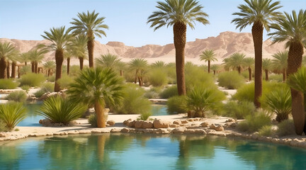 Fototapeta na wymiar Oasis in the middle of the desert with palm trees and blue sky