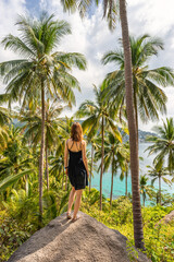 Young woman in dress on vacation in beautiful tropical place with palms standing on big rock and looks on sea and nature in sunny day. Rear view. Koh Tao Island in Thailand