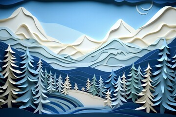 Winter paper cut landscape with snowy mountains and blue sky, fir trees in the background Generative AI