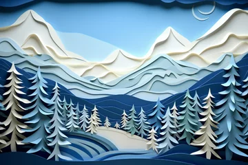 Door stickers Mountains Winter paper cut landscape with snowy mountains and blue sky, fir trees in the background Generative AI