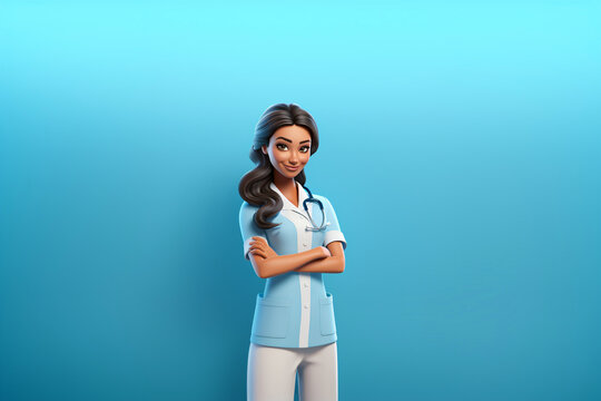 Cute cartoon nurse with folded arms isolated on blue background