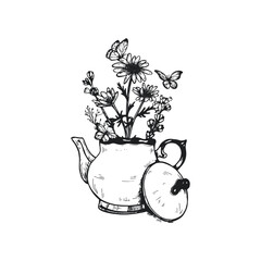 teapot with bouquet inside vector sketch.Bouquet of flowers in teapot with butterflies vector drawing