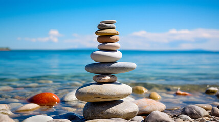 stack of rocks sitting on the beach near the water Generative AI