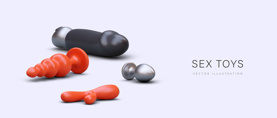 Poster with realistic sex toys. Stimulation of anus, prostate, vagina, clitoris. Safe devices for adult games. Online advertising of sex shop. Header for site