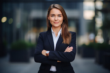Portrait of a handsome young businesswoman, manager, and leader standing in a suit near the office center and crossing his arms confidently smiling at the camera