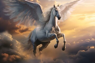 Obraz na płótnie Canvas Flug des weißen Pegasus im Himmelsraum