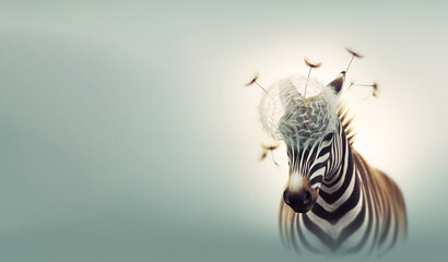 Portrait of zebra with white airy dandelions on soft background.