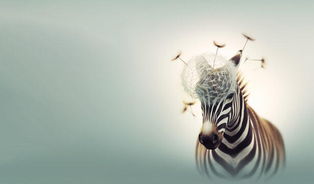 Portrait of zebra with white airy dandelions on soft background.
