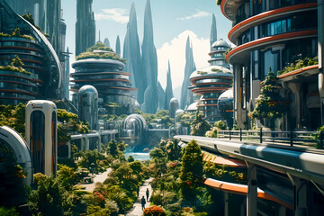The city of the future with amazing eco-friendly architecture and lots of green plants - Powered by Adobe