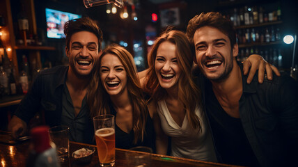 smiling friends at a bar with beer glasses and a television Generative AI