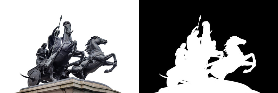 Boadicea and Her Daughters, bronze sculptural group in London at Westminster Bridge, isolated on white background with clipping mask and path