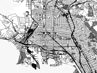 Greyscale vector city map of  Richmond California in the United States of America with with water, fields and parks, and roads on a white background.