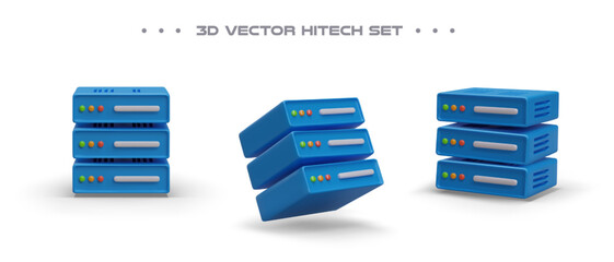 Realistic blue server in different positions with shadows. Data center. Storage and processing of information. Set of vector icons. Isolated images on white background