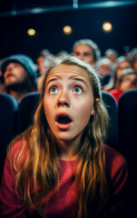Teen girl with astonished and surprised look watch a movie in the cinema - obrazy, fototapety, plakaty