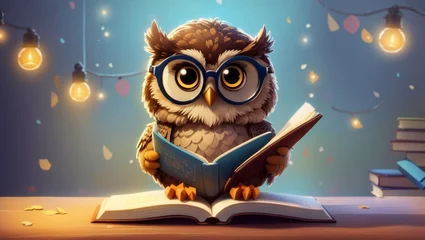 Abwaschbare Fototapete Eulen-Cartoons A cute wise cartoon owl character wearing glasses and reading a book