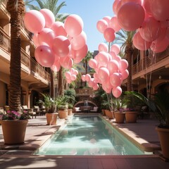 View of tropical hotel with swimming pool and palms decorated with pink air balloons