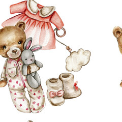 Watercolor seamless pattern, cartoon style toys for baby. Watercolor hand drawn illustration. Design for fabric, baby shower party, birthday, cake, holiday design, invitation.