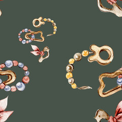 Watercolor seamless pattern, cartoon style toys for baby. Watercolor hand drawn illustration. Design for fabric, baby shower party, birthday, cake, holiday design, invitation.