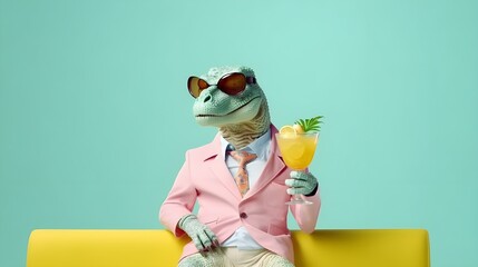 Happy Dinosaur enjoying and having a cocktail at party, Isolated background, Creative Concept, Copy Space