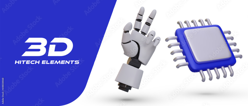 Poster realistic robotic arm, microprocessor. robotics, central processor unit, cpu. management of artifici