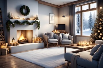 Christmas living room. Cozy and Warm Christmas Feeling. Christmas Fireplace. Christmas Interior. Christmas Tree With Fireplace and Stockings. Generative AI.