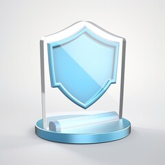 Glass 3d render icon security shield illustration, render from blender in minimalism style, high quality details, isolated on white background.