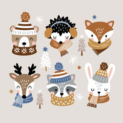 Seamless vector pattern with cute woodland animals in winter clothes. Perfect for textile, wallpaper or print design.