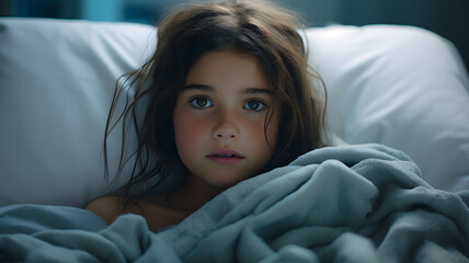 arafed young girl with blue eyes laying in bed under a blanket Generative AI - obrazy, fototapety, plakaty