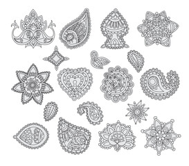 set of decorative elements in oriental style mehendi