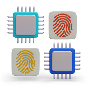 Set of realistic CPU and fingerprints. Access to work for several users. Data protection. Colored vector icons for modern web design. Multiprocessor computer