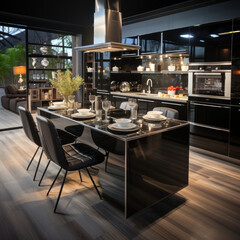 A stunning kitchen with glossy metal appliances 

