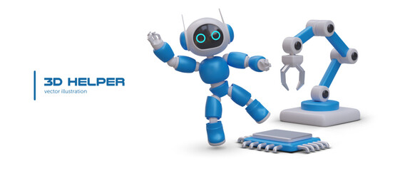 3d realistic robot. Mechanical hand. Industrial robot manipulator. Poster with 3d helper. Modern industrial technology. Vector illustration in cartoon style in blue colors