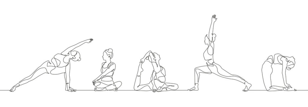 Continuous one line women doing yoga. Aerobic sport girl exercise for modern healthy lifestyle