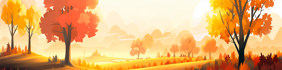 illustration auf beautiful colorful autumn landscape, trees, sun, forest, nature