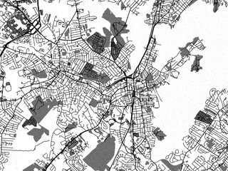 Greyscale vector city map of  Salem Massachusetts in the United States of America with with water, fields and parks, and roads on a white background.