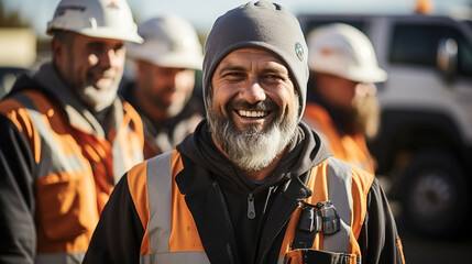 workers at work and close up of a bearded man who works at an oil station - obrazy, fototapety, plakaty