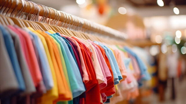a close up of a rack of colorful shirts in a store Generative AI