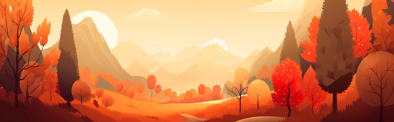 illustration auf beautiful colorful autumn landscape, trees, sun, forest, nature