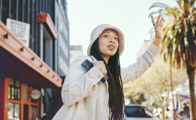 Road, road and woman wave for taxi with travel, commute and ride in New York. Vacation, city street and urban with a female person with traveling and vacation on a trip for holiday adventure