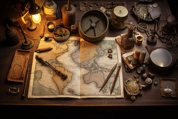 An antique geographer's workspace replete with magnifying glass, vintage tools, and aged maps, hinting at the history of cartographic endeavors - obrazy, fototapety, plakaty