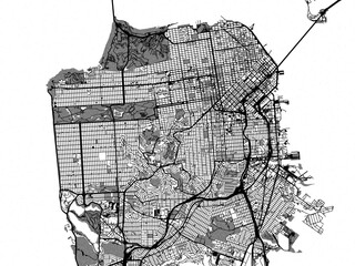 Greyscale vector city map of  San Francisco California in the United States of America with with water, fields and parks, and roads on a white background.