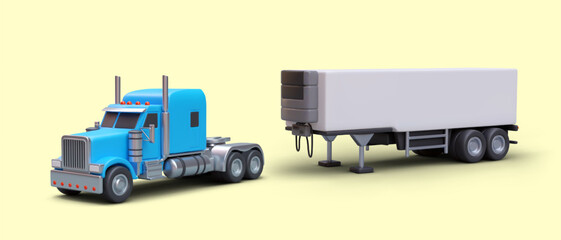 3D tractor unit truck with blue cab, refrigerator semitrailer. Equipment for transportation of perishable products. Car body with cooling. Color vector concept. Ad service template
