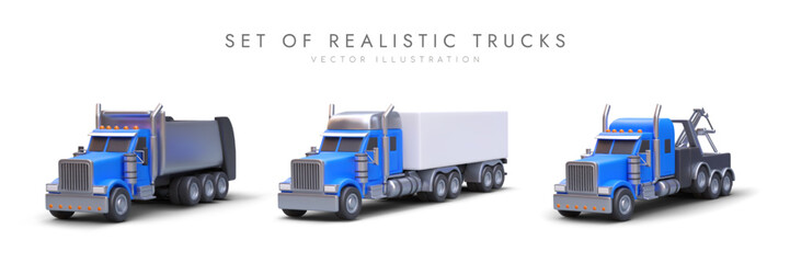Set of realistic trucks. Detailed vector image. Truck, dump, tow truck. Various cargo transportation services. Color illustrations for application, website of transport company