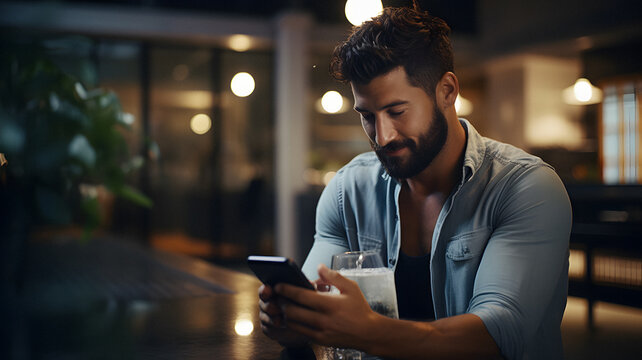 araffe man sitting at a bar using a cell phone Generative AI