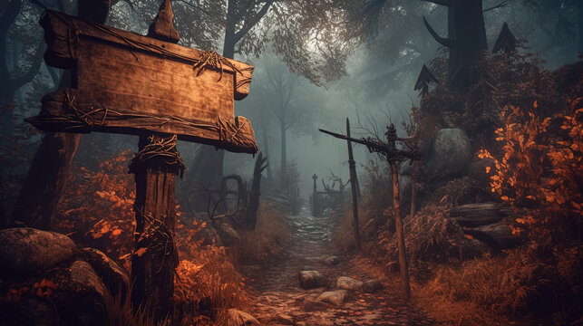 Signboard at the enty of dark fairytale village in Halloween style.